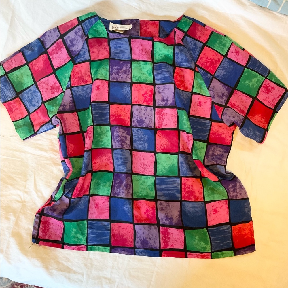 vintage color block short sleeve blouse size large